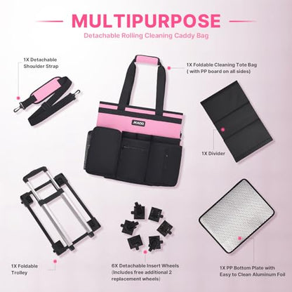 JKAOO Large Rolling Cleaning Caddy Bag with Detachable Trolley, Pink | Waterproof Cleaning Caddy with Wheels, 40L Wheeled Organizer Cart for Supplies, Housekeepers, Home, Office, Car, Picnic - color: Pink