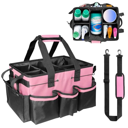 Grekos Large Cleaning Caddy Bags, Cleaning Caddy Suppliers Organizer with 4 Detachable Divider, Supply Caddy With Adjustable Shoulder Strap & Waist Belt For Housekeepers, Home, Car(Pink) - color: Pink