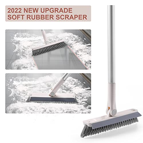 Grout Brush with Long Handle, 2 in 1 Floor Scrub Brush with Squeegee, Shower Scrubber Cleaner Swivel Stiff Bristle for Cleaning Baseboards Tile Floors Bathroom Wall