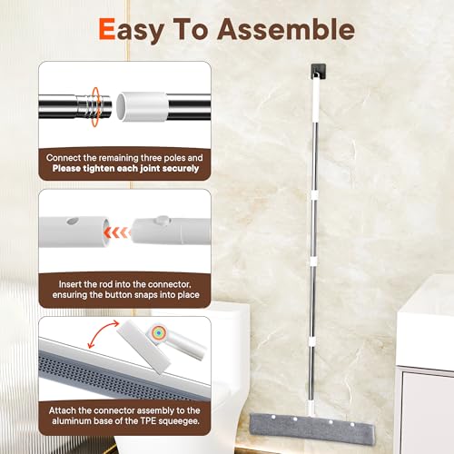 Floor Squeegee with Long Handle, 180° Rotating Silicone Broom for Concrete & Tile Floors, Squeegee for Water Removal on Garage, Bathroom and Deck, Adjustable 35–62 in Handle, 2 Pads - size: 16in | 4-Section Pole (62in) | 2 Pads