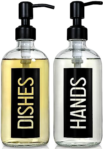 JASAI 2Pack 18OZ Glass Soap Dispenser, Black Stainless Steel Pump, Kitchen Dispenser with Classy Label, Refillable for Dishes - color: Black With Black Pump