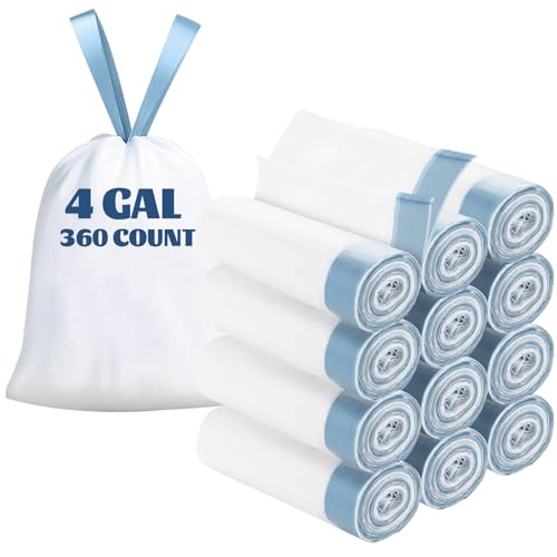 4 Gallon Trash Bags 360 Counts, Extra Thick Small Trash Bags for Bathroom and Office, Milky White Drawstring Trash Bag with Blue Handle, Leak-Proof HDPE Waste Basket Liners 12 Rolls