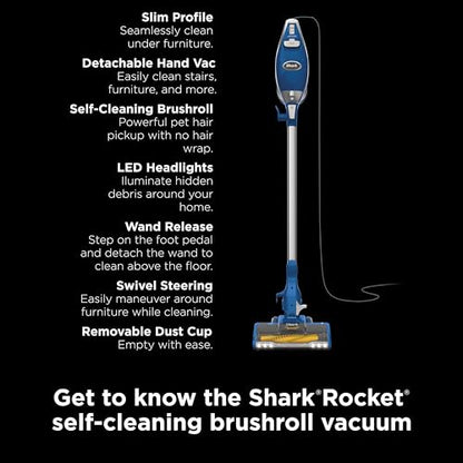 Shark HV343AMZ Rocket Corded Stick Vacuum with Self-Cleaning Brushroll, Lightweight & Maneuverable, Perfect for Pet Hair Pickup, Converts to a Hand Vacuum, Crevice Upholstery Tools, Blue/Silver - style: Rocket w/ Self-Cleaning Brushroll