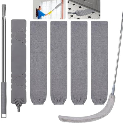 Retractable Gap Dust Cleaner, Extendable Gap Duster with 4 Microfiber Dusting Cloths Long, Under Appliances Cleaning Tools with Extendable Pole,Under Refrigerator, Furniture, High Ceiling