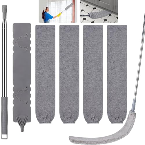 Retractable Gap Dust Cleaner, Extendable Gap Duster with 4 Microfiber Dusting Cloths Long, Under Appliances Cleaning Tools with Extendable Pole,Under Refrigerator, Furniture, High Ceiling