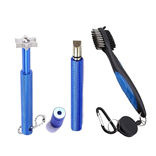 VIPMOON Golf Club Cleaner Kit, 2 Pcs Groove Sharpener Regrooving Tool and 1 Pcs Retractable Club Cleaner Brush, Portable Groove Sharpener Tool for All Golf Irons for Men - color: Blue