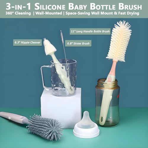 Baby Bottle Brush Set 3-in-1, Silicone Brush with Wall Mount Holder, 11" Long Handle + Nipple Brush + Straw Cleaner for Cups & Straws – BPA Free (Green) - color: Green