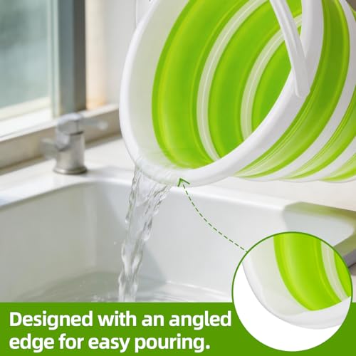 Collapsible Bucket with Handle, Space Saving Silicone Mop Bucket, Portable Foldable Cleaning Bucket for Home, Camping, Car Wash, Laundry, Kitchen & Outdoor Use (Green)