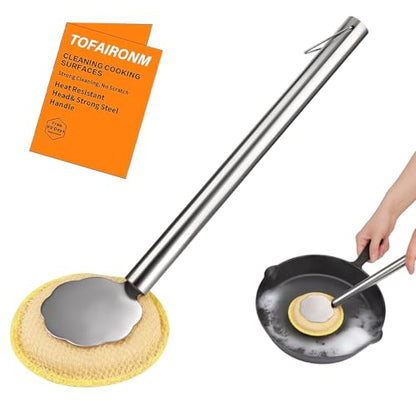 Kitchen Cleaning Brush with Handle, Non-Scratch Preserve Seasoning for Wok, Cast Iron Skillet, Pans, Oven Racks, Air Fryer, Jars - Stainless Steel Handle
