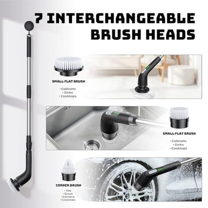 Highyes Electric Spin Scrubber, Powerful 2-Speed Cleaning Brush, | IPX7 Waterproof with 7 Reusable Brush Heads & Extendable Handle, for Bathroom Toilet Shower Kitchen Wall Tile Floor Grout - color: Black