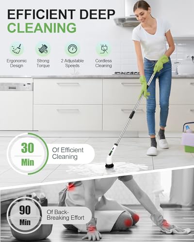 Electric Spin Scrubber, Cordless Power Cleaning Brush with 9 Replaceable Brush Heads, Bathroom Scrubber with Extension Arm, 2-Speed Motorized Tile Floor Scrubber for Tub, Sink, Wheel, White-ra1 - size: 9heads