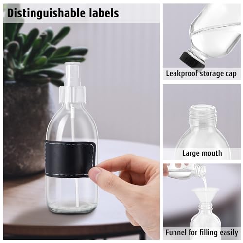 Tecohouse 2 Pack Glass Spray Bottles, 250ml Small Glass Bottles for Cleaning Solutions, Spray Bottles for Essential Oils, Plants, with Durable Nozzle, Labels, Funnel - Clear - color: 8.5 oz Clear-White Lids
