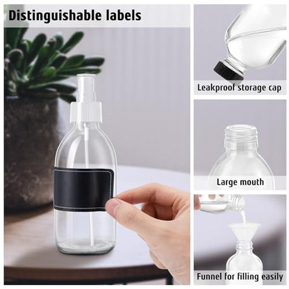 Tecohouse 2 Pack Glass Spray Bottles, 250ml Small Glass Bottles for Cleaning Solutions, Spray Bottles for Essential Oils, Plants, with Durable Nozzle, Labels, Funnel - Clear - color: 8.5 oz Clear-White Lids