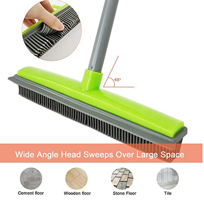 Push Broom Pet Hair Removal Broom with Squeegee,Soft Silicone Bristle Broom with Long Handle, Non Scratch Carpet Sweeper Brush for Cat/Dog Hair Hardwood Tile Windows(Green) - color: Green