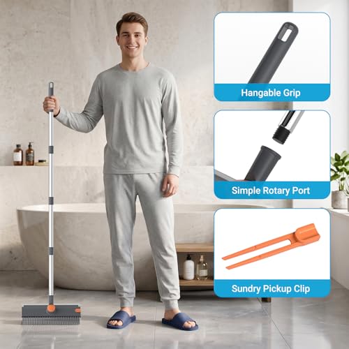 Pool Scrub Brush with 52" Pole, 3 in 1 Pool Cleaning Brush with Squeegee, Floor Scrub Brush with Long Handle, Deck Brush for Swimming Pool Tile Wall Patio Concrete Gray - color: Gray