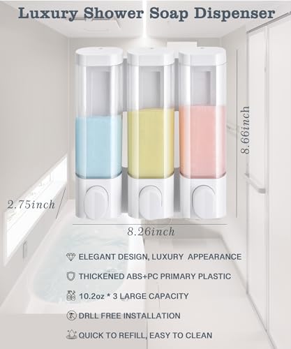 RANKADO Luxury Shower Soap Dispenser Bathroom with Tray,Drill Free Shampoo and Conditioner Dispenser with Mounting Tapes,Shower Soap Dispenser with Labels,Shampoo Dispenser for Shower Wall - color: 300ml X 3 （transparent）