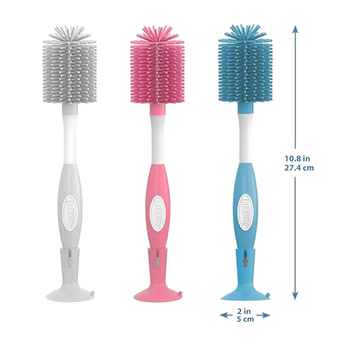 Dr. Brown's Soft Touch No Scratch Baby Bottle Cleaning Brush, Nipple Cleaner & Suction Cup Base for Easy Storage, BPA Free, Pink (Pack of 4)