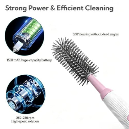 Electric Bottle Brush Set, 6-in-1 Electric Cleaning Brush with Waterproof Silicone Cleaner, 3 Replaceable Brush Heads, Straw Brush & Extension Rod, for Baby Feeding Accessories and Kitchen Utensils - color: Light Pink