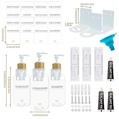 Shampoo Dispenser for Shower Wall, Shampoo and Conditioner Dispenser with 16 Waterproof Labels, No Drill Shower Soap Dispenser Bathroom, Shower Soap Dispenser Wall Mounted,17oz, 3 Pack, Clear - color: 1-clear Bottle + Bamboo Pump