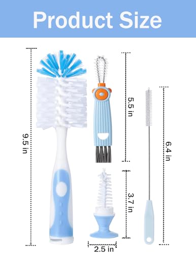 Baby Bottle Brush Set 4 in 1, Baby Bottle Cleaner, with 1P Nylon Bottle Brush, 1P Bottle Cap Brushes, 2P Straw Brushes, Bottle Brush with Nipple Cleaner and Suction Cup, BPA-Free(Blue) - color: Blue-nylon Brush