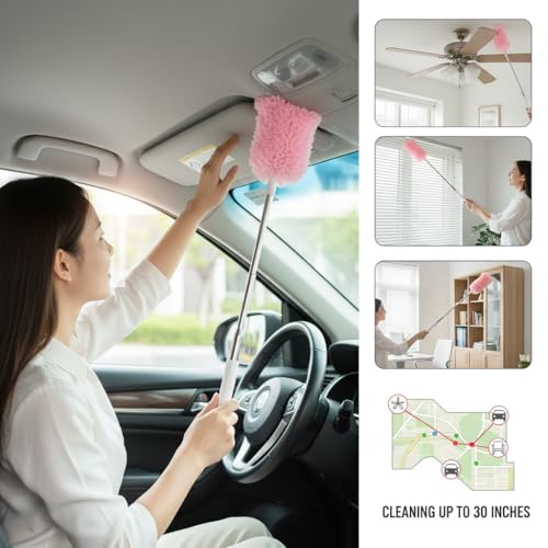 Microfiber Duster for Cleaning, Extendable Pole, Up to 30 Inch Reachable, Cleaning Tools for Car, Ceiling Fan, Window, Furniture, Office(Pink) - color: Pink