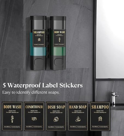 Luxspire Shampoo and Conditioner Dispenser, No Drill Wall Mounted Shower Soap Dispenser 2 Chamber with Waterproof Labels, Easy Refill Soap Dispenser for Bathroom Hotel Kitchen, Black - color: Black, size: 2 Chamber