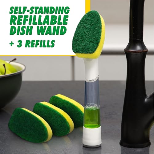 Libman Dishmatic I-Stand Dish Wand Kit, Kitchen Cleaning Scrub Brush with Handle and Soap Dispenser for Scrubbing and Washing Dishes, Refillable Standing Dispensing Scrubber Brushes, 3 Sponge Refills - style: Dish Wand Kit
