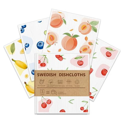 4 PCS Swedish Dishcloths, Reusable Kitchen Dish Cloths, Super Absorbent Cellulose Sponge Cloths, Odor Resistant, Dishwasher Safe & Multi-Purpose Cleaning Cloths - color: Fruits-4pcs