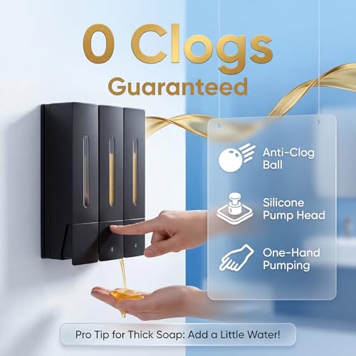 3-Chamber Shampoo, Conditioner & Body Wash Dispenser, Wall-Mounted Shower Soap Dispenser, 1200 ML (3×400 ML) Capacity, No-Drill or Screw Install, Refillable Clear-Window Bottles for Bathrooms & Hotels - color: Black-3-pack
