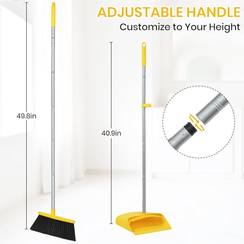 Stand Up Dustpan and Broom Set 50” Long Handle Broom with Dust Pan, with Self Cleaning Combe for Ergonomic Home Office Classroom Indoor Sweeping
