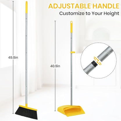 Stand Up Dustpan and Broom Set 50” Long Handle Broom with Dust Pan, with Self Cleaning Combe for Ergonomic Home Office Classroom Indoor Sweeping