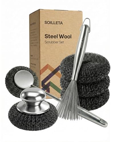 6 Pcs Stainless Steel Wool Scrubber – Heavy Duty Metal Scouring Pads for Kitchen, Cast Iron Pan & Grill – Rust Resistant, Non-Splintering,Odor Free Wire Sponges for Tough Grease & Burnt Food - color: 5 Pcs