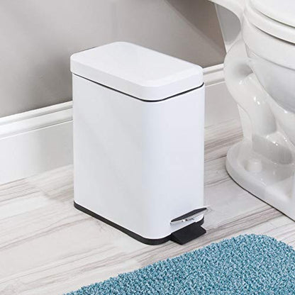 mDesign 5 Liter Rectangular Small Steel Step Trash Can Wastebasket, Garbage Container Bin for Bathroom, Powder Room, Bedroom, Kitchen, Craft Room, Office - Removable Liner Bucket, Matte White - color: White, size: 1.3 Gallon