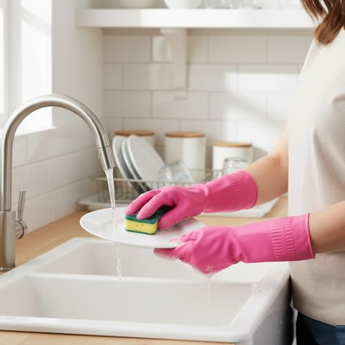 1 Pairs Household Rubber Cleaning Gloves, Long Cuff Dishwashing Gloves with Non-Slip Grip for Kitchen, Bathroom - color: Pink, size: Medium
