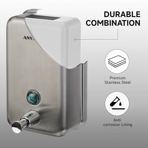 anydry Commercial Soap Dispenser Wall Mount, Brushed Stianless Steel Finish Manual Liquid Soap Dispenser - 37oz (1100ml) Model AD1003 - color: Brushed