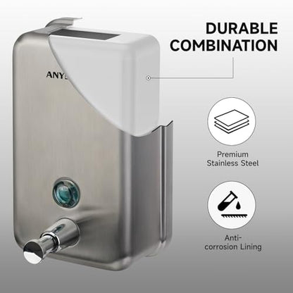 anydry Commercial Soap Dispenser Wall Mount, Brushed Stianless Steel Finish Manual Liquid Soap Dispenser - 37oz (1100ml) Model AD1003 - color: Brushed