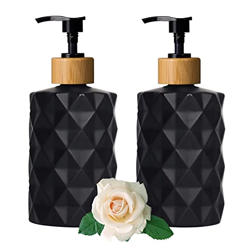 Black Glass Soap Dispenser Set with Bamboo Pump, 12oz Refillable Liquid Hand Soap, Lotion Dispenser for Modern Home Decor, Bathroom, Kitchen Countertop, Hotel (2 Pack) - color: Black
