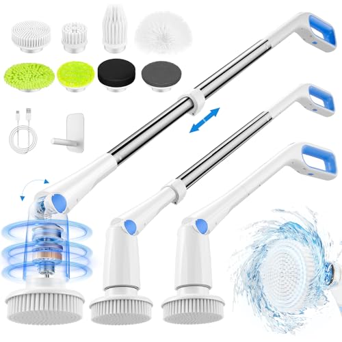 CAKILA Electric Spin Scrubber,Cordless Shower Cleaning Brush with 7 Replaceable Heads,Detachable Long Handle for Bathroom, Floor, Tile, Kitchen,Ideal Gift for Elders