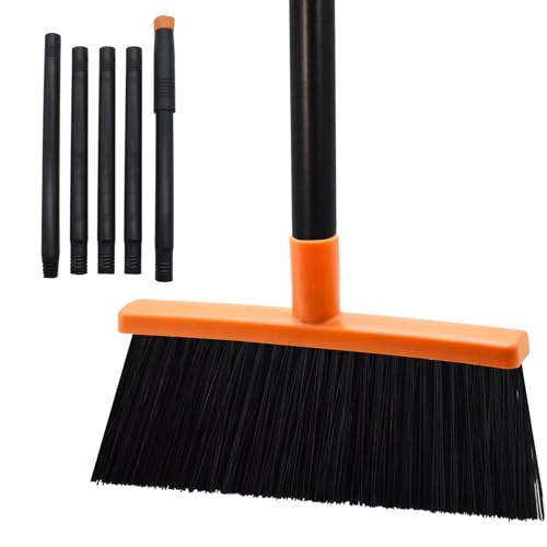 Small Broom Stiff Bristles Brush with Long Handle Indoor or Outdoor Compact Broom for Sweeping Patio Garage Garden,Deck,Concrete Floor,Bathroom (Orange) - color: Orange