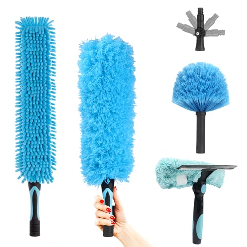 Ceiling Fan Duster Kit - 5-in-1 Cobweb Feather Duster & Squeegee Heads - Washable Bendable Microfiber - Fits Standard 3/4" Pole, Blue - size: 5PC-kit1