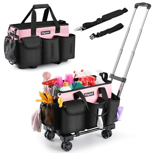Chyaidach Rolling Cleaning Caddy, Cleaning Supplies Organizer with Trolley, Wearable Cleaning Tote Bag on Wheels with Hard Bottom, Cleaning Carts for Housekeepers/Home/Car/Office/Picnic (Pink) - color: Pink