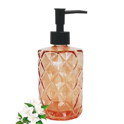 12Oz Small Glass Soap Dispenser with Black Plastic Pump, Amber Refillable Kitchen Countertop Liquid Hand Soap Dispensers with Diamond Design, Crystal Bathroom Lotion Bottle for Dispense Dish Soap - color: Amber Diamond