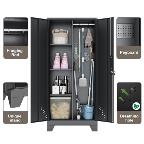 61" H Garage Cabinets, Metal Storage Cabinet with Lockable Doors and Pegboard, Utility Closet for Brooms and Mops, Tool Cabinets for Home Office Laundry Room Living Room - size: 61"Utility Cabinet
