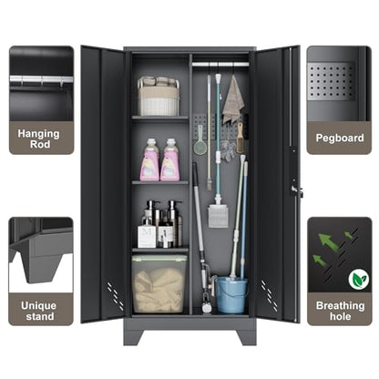 61" H Garage Cabinets, Metal Storage Cabinet with Lockable Doors and Pegboard, Utility Closet for Brooms and Mops, Tool Cabinets for Home Office Laundry Room Living Room - size: 61"Utility Cabinet