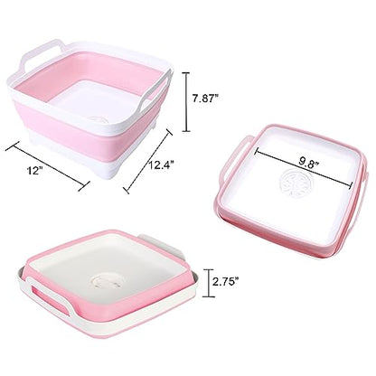 9L (2.4Gal Dish Basin Collapsible with Drain Plug Carry Handles , Space Saveing Kitchen Storage Tray Dish Wash Basin, Portable Dish Tub for Camping ,RV,Pink - color: Light Pink