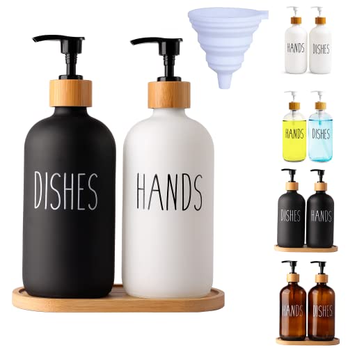 LOOCHICA 2 Pack Glass Soap Dispenser Set with Tray, Hand and Dish Glass Soap Dispensers for Kitchen Sink, Kitchen Soap Dispenser Set Suitable for Black and White Kitchen Decor - color: A01-black/White
