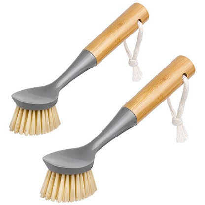 MR.SIGA Dish Brush with Bamboo Handle Built-in Scraper, Scrub Brush for Pans, Pots, Kitchen Sink Cleaning, Pack of 2 - color: Gray