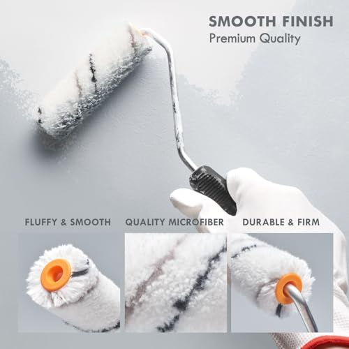 5-Piece Mini Paint Roller Kit - 4' Microfiber Roller Covers, Frame, Paint Tray - Professional & Homeowner Use - Smooth Finish - Black - size: 4" Paint Roller Kit (Set of 5)