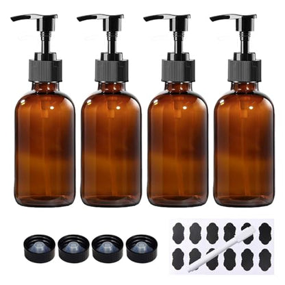4 Pack 8 oz Amber Glass Pump Bottles, Boston Round Bottles with Pumps for Lotion, Soap, Massage Oils, Refillable Containers with Caps - size: 8 oz Amber 4Pack