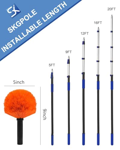 26FT Reach Cobweb Duster, Outdoor Spider Web Cleaner Brush with 5-20FT Telescoping Extension Pole, Aluminium Heavy Duty, Medium Stiff Bristles Spider Web Brush for Outdoor & Indoor Cleaning